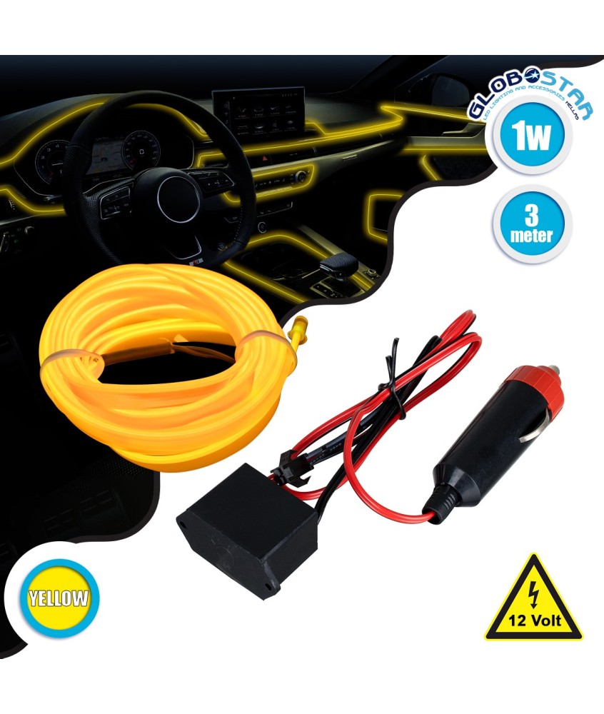 GLOBOSTAR® ELWIRE 82208 Κιτ Διακοσμητικού Φωτισμού Αυτοκινήτου LED 1.2W 84lm 360° DC 12V Αδιάβροχο IP65 Κίτρινο - Μ300 x Π1 x Υ0.3cm - 1 Χρόνο Εγγύηση